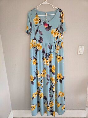 Pink Blush Light Blue Yellow Floral Short Sleeve Maternity Maxi Dress sz Large